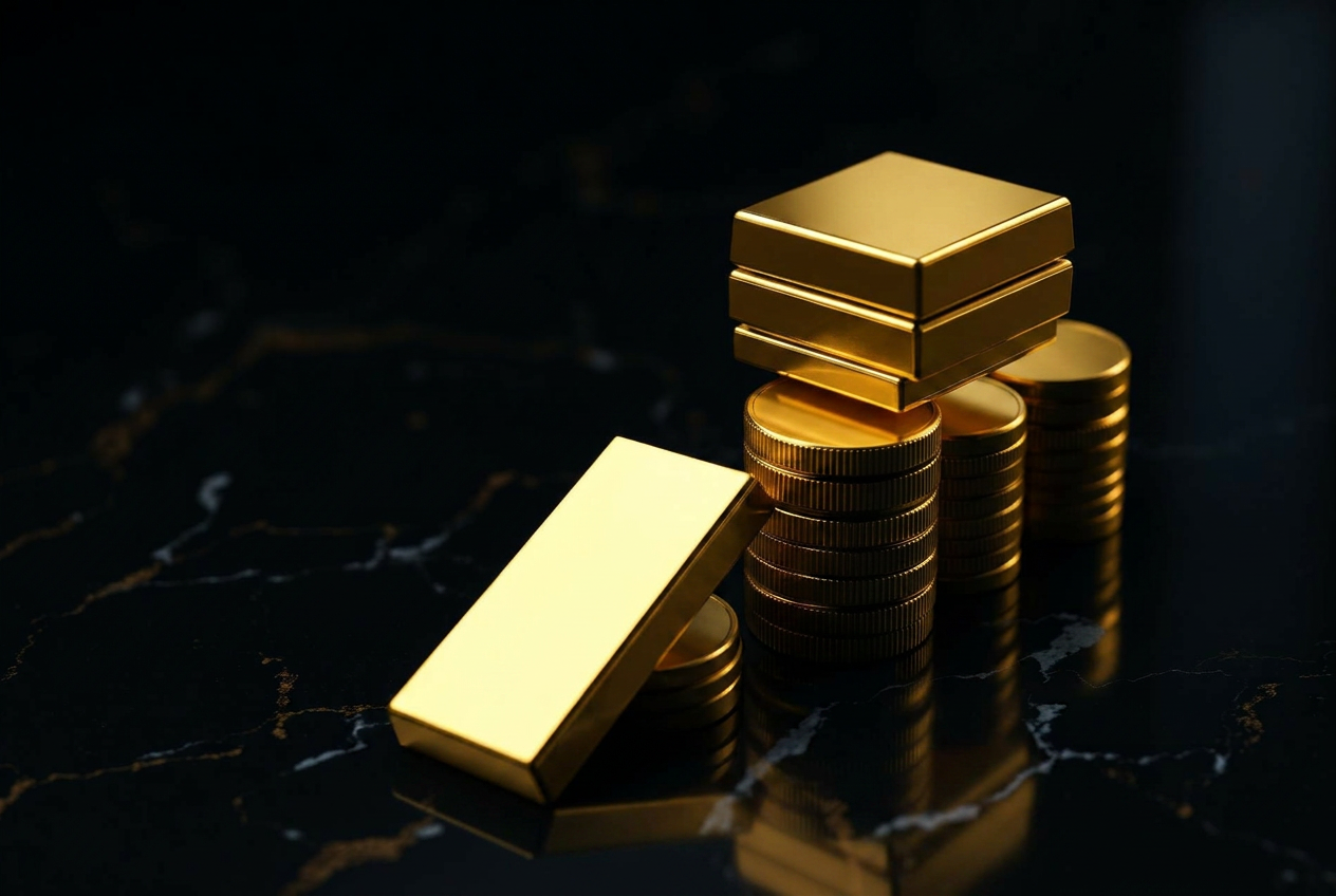 Premium gold bars and coins on dark marble